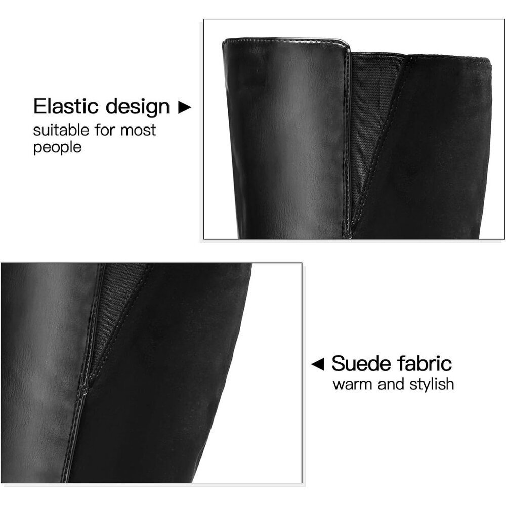 Women's Splicing Black Knee High Imported Chunky Heel Boots With Zipper Shoes - Picture 4 of 6